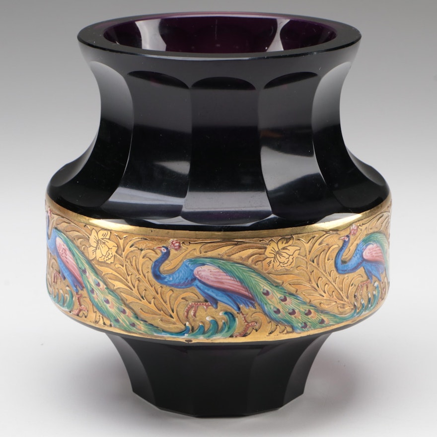 Moser Amethyst Glass Vase with Gilt Enameled Peacock Motif Band