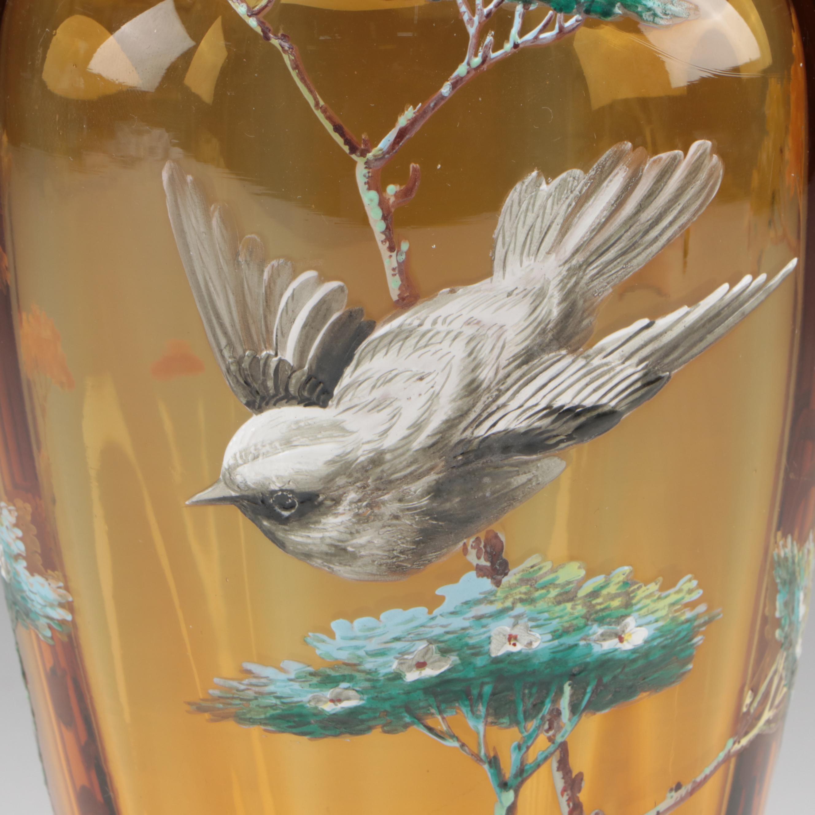 Moser Amber Glass Vase with Hand-Painted Sparrow and Trees