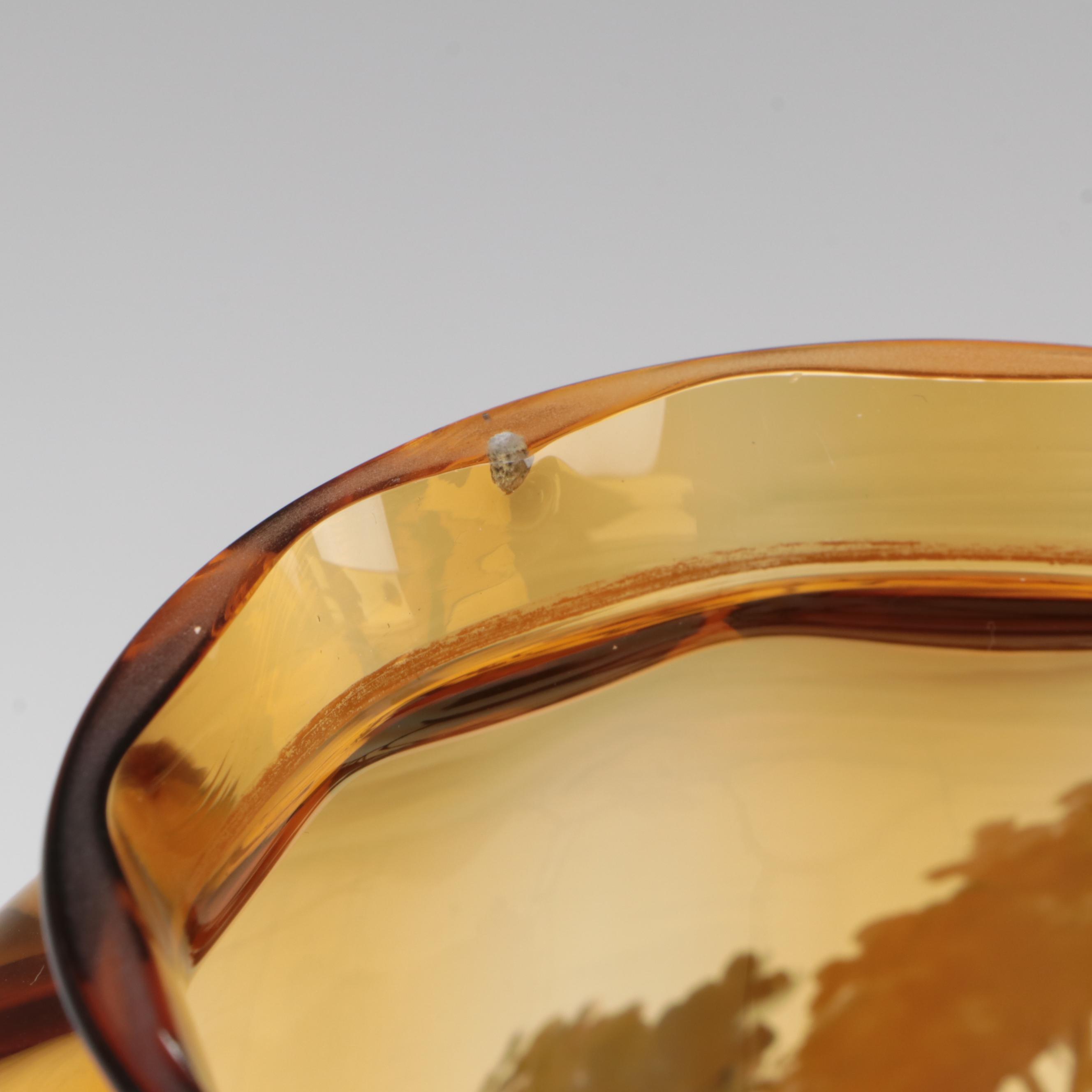 Moser Amber Glass Vase with Hand-Painted Sparrow and Trees