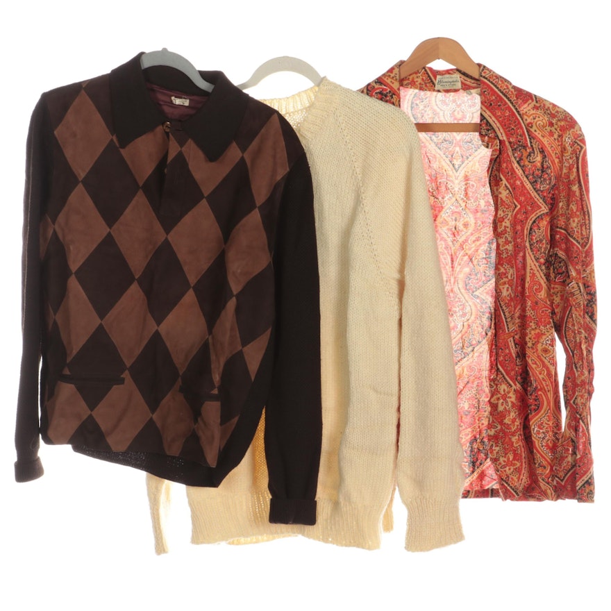 Men's Bloomingdale's Paisley Shirt, Suede Front Sweater and Hand-Knit Sweater