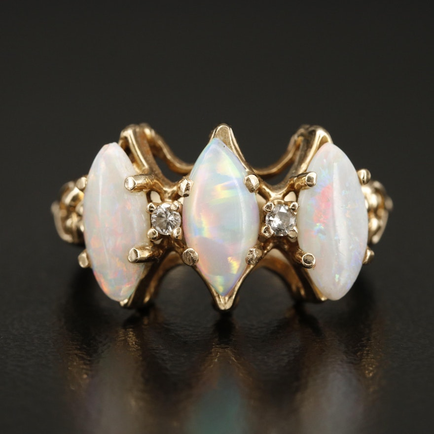 14K Opal and Diamond Triple Navette Ring
