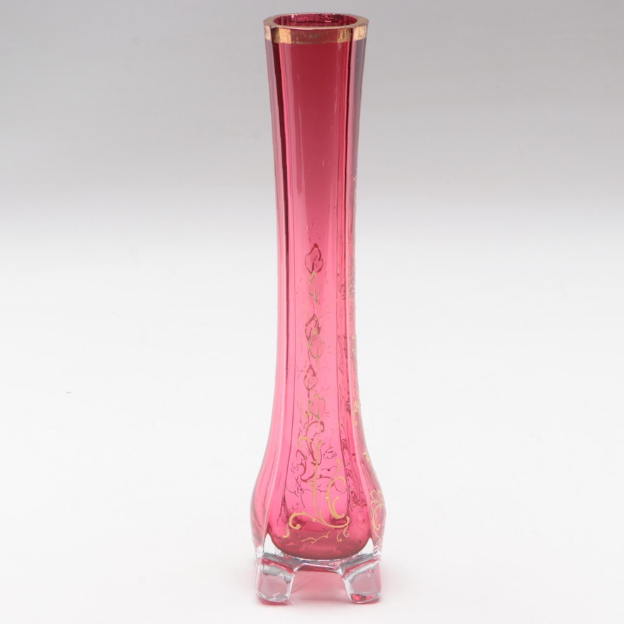 Moser Gilt and Enameled Cranberry Glass Vase, Late 19th/Early 20th Century