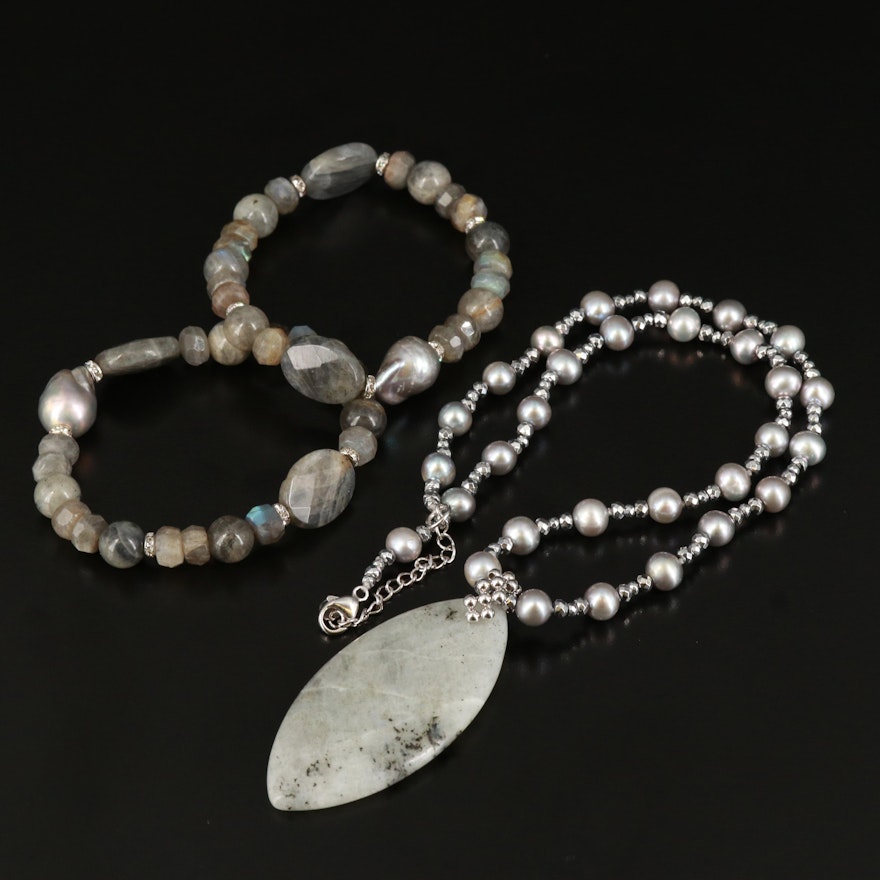 Sterling Labradorite and Pearl Necklace with Expandable Bracelets