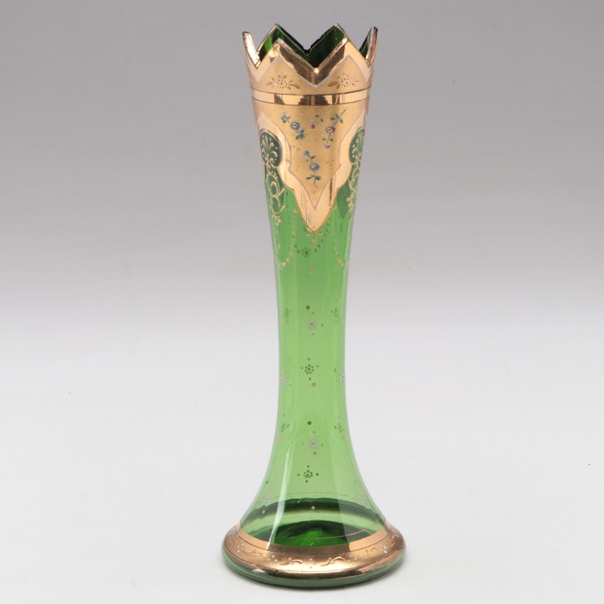 Moser Style Enameled Floral Motif Green Glass Vase, Early to Mid 20th Century