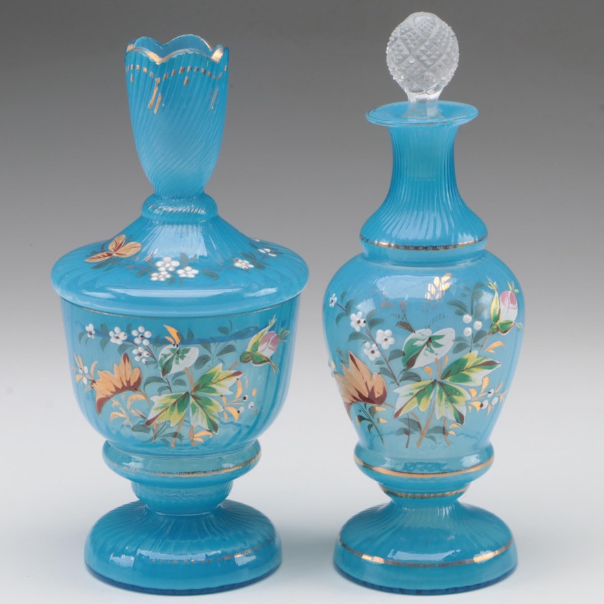 English Blue Glass Hand-Painted Enameled Vanity Set, Mid to Late 19th Century