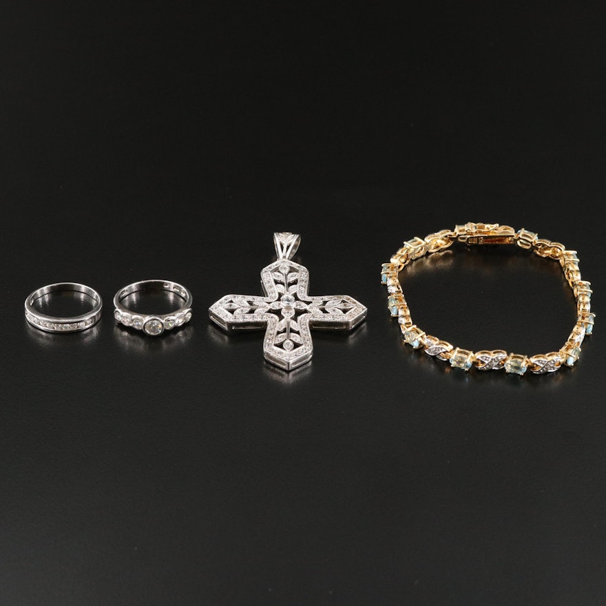 Sterling Rings, Cross Pendant and Bracelet Including Topaz and Diamond