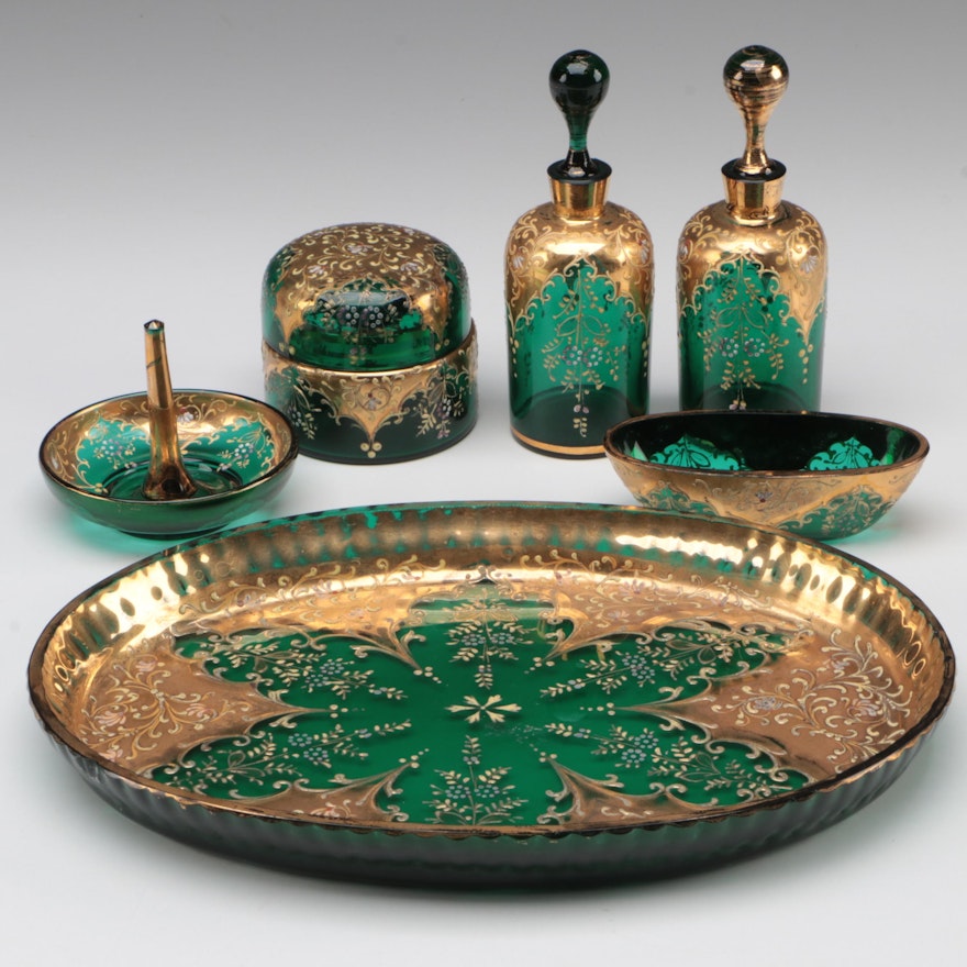 Moser Gilt and Enameled Emerald Glass Vanity Accessories and Tray