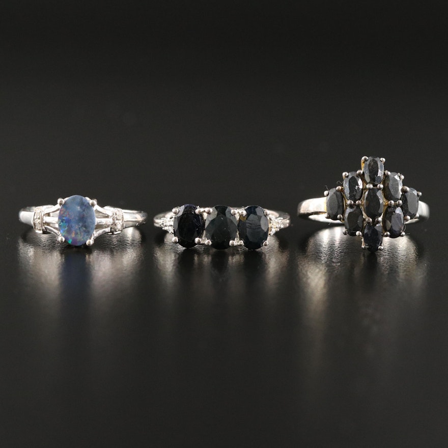 Sterling Rings Including Opal Doublet and Corundum