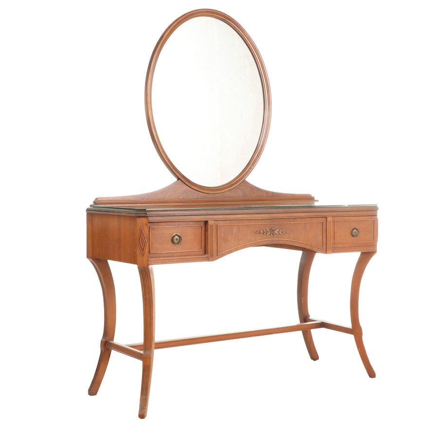 Wood Vanity with Glass Top and Mirror, Mid-20th Century