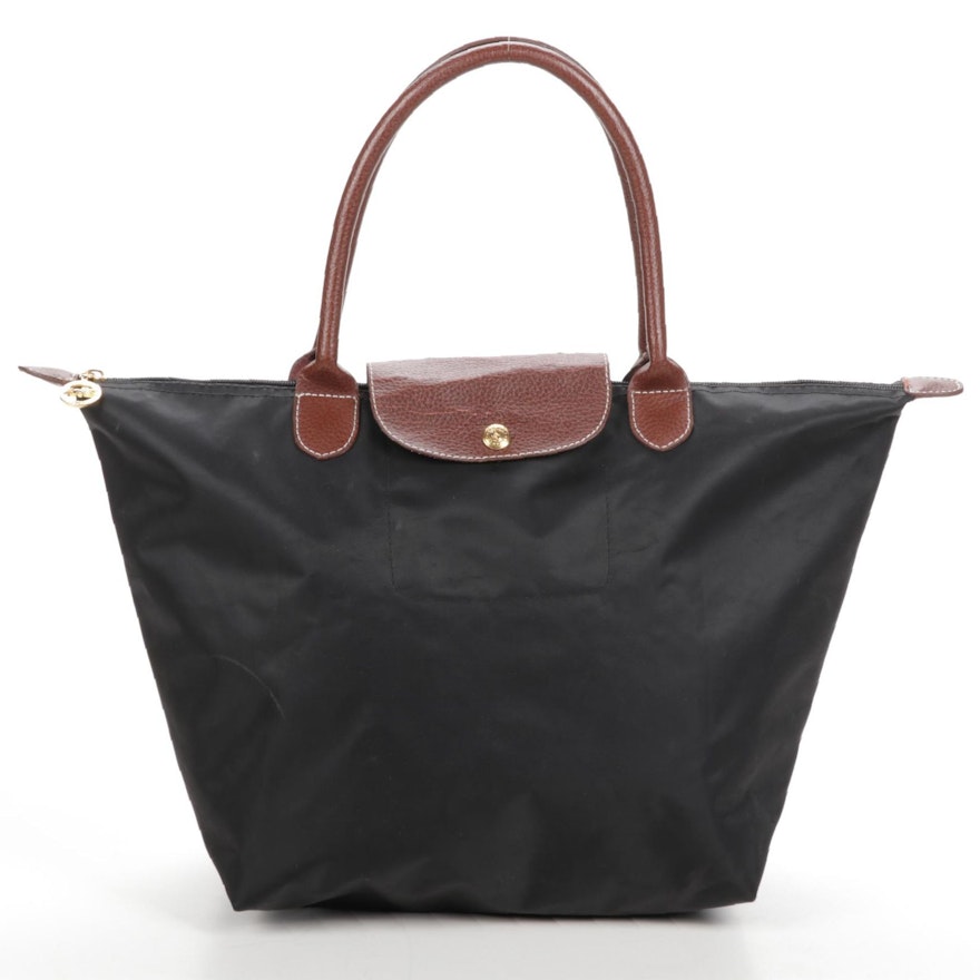 Longchamp Black Nylon and Pebbled Leather Collapsible Tote Bag, Made in France