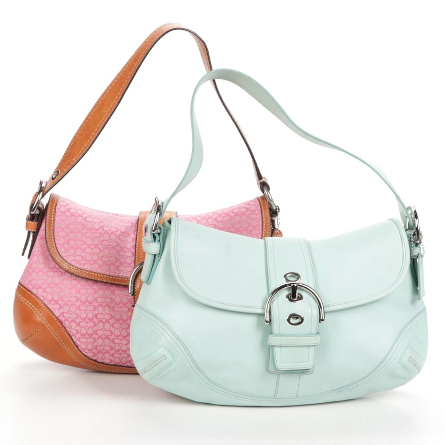 Coach Shoulder Bags in Blue Leather and Pink Signature Canvas with Leather Trim