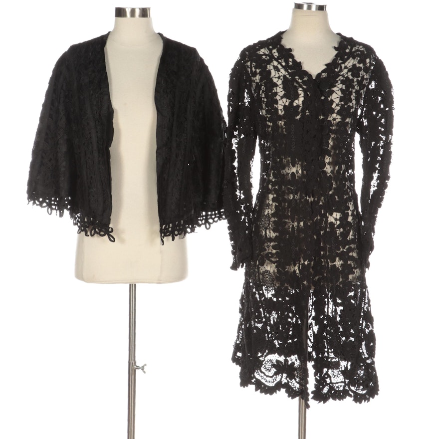 Black Crochet Lace Midi-Length Jacket and Interlocking Openwork Overlay Jacket