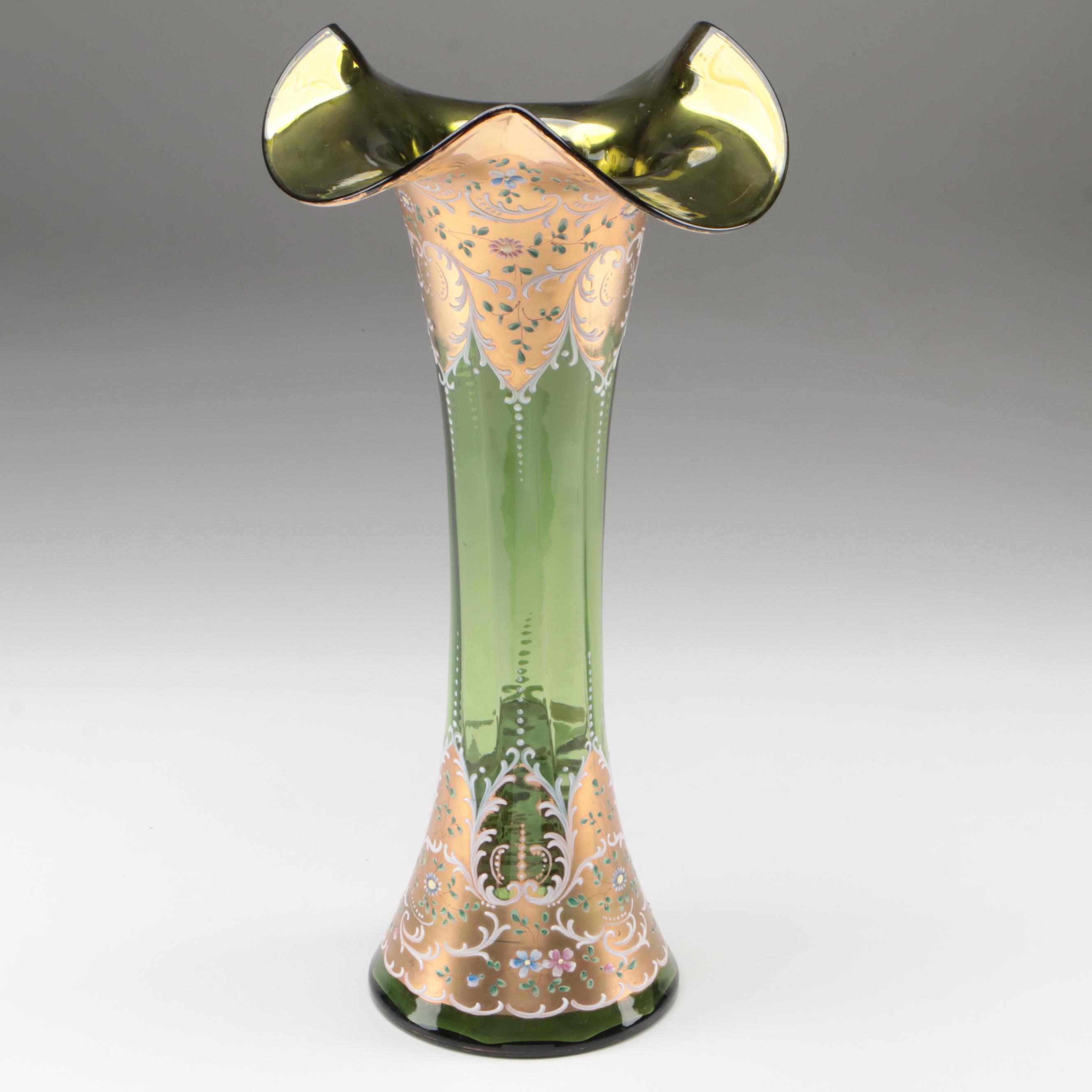 Moser Gilt and Enameled Green Art Glass Vase, Late 19th Century