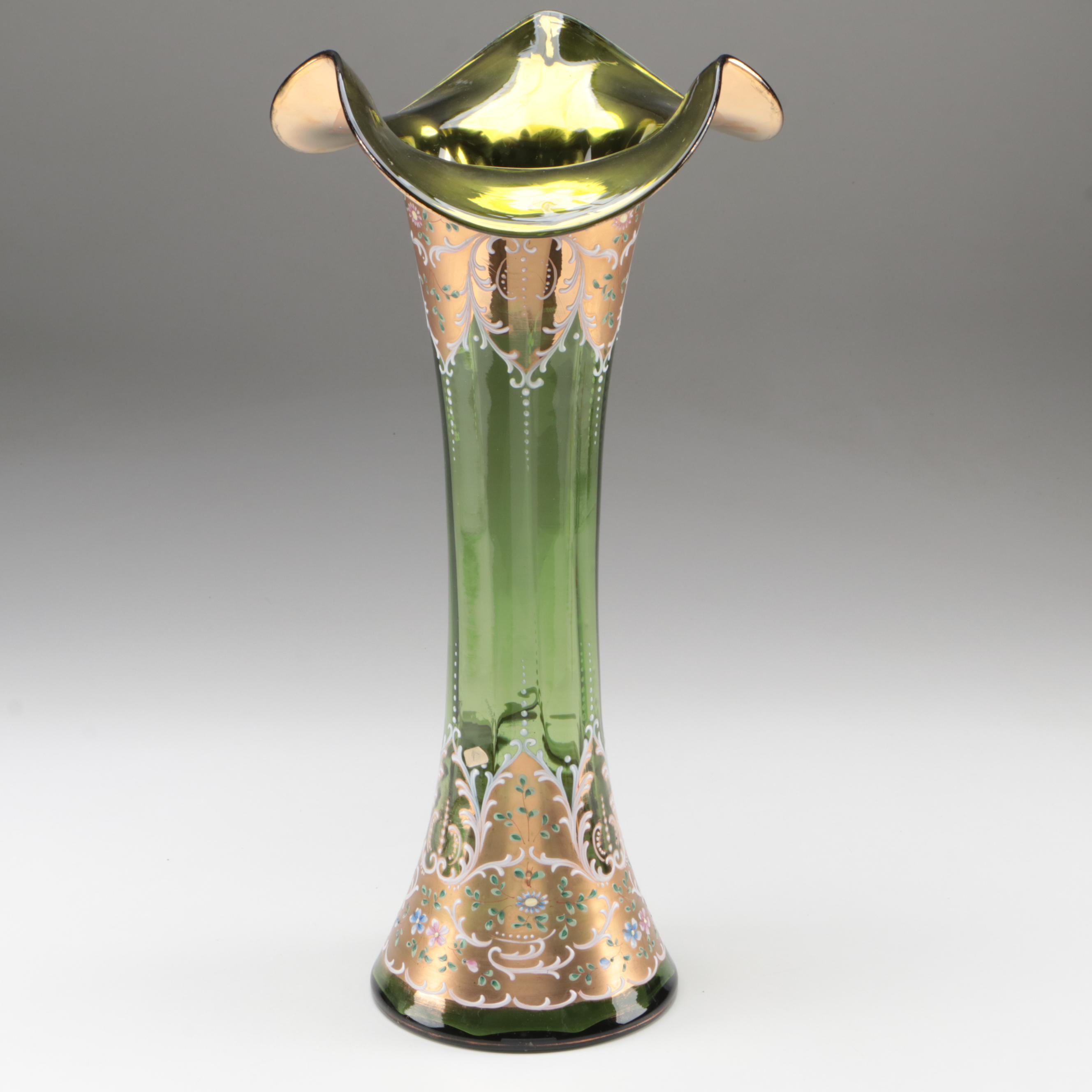 Moser Gilt and Enameled Green Art Glass Vase, Late 19th Century