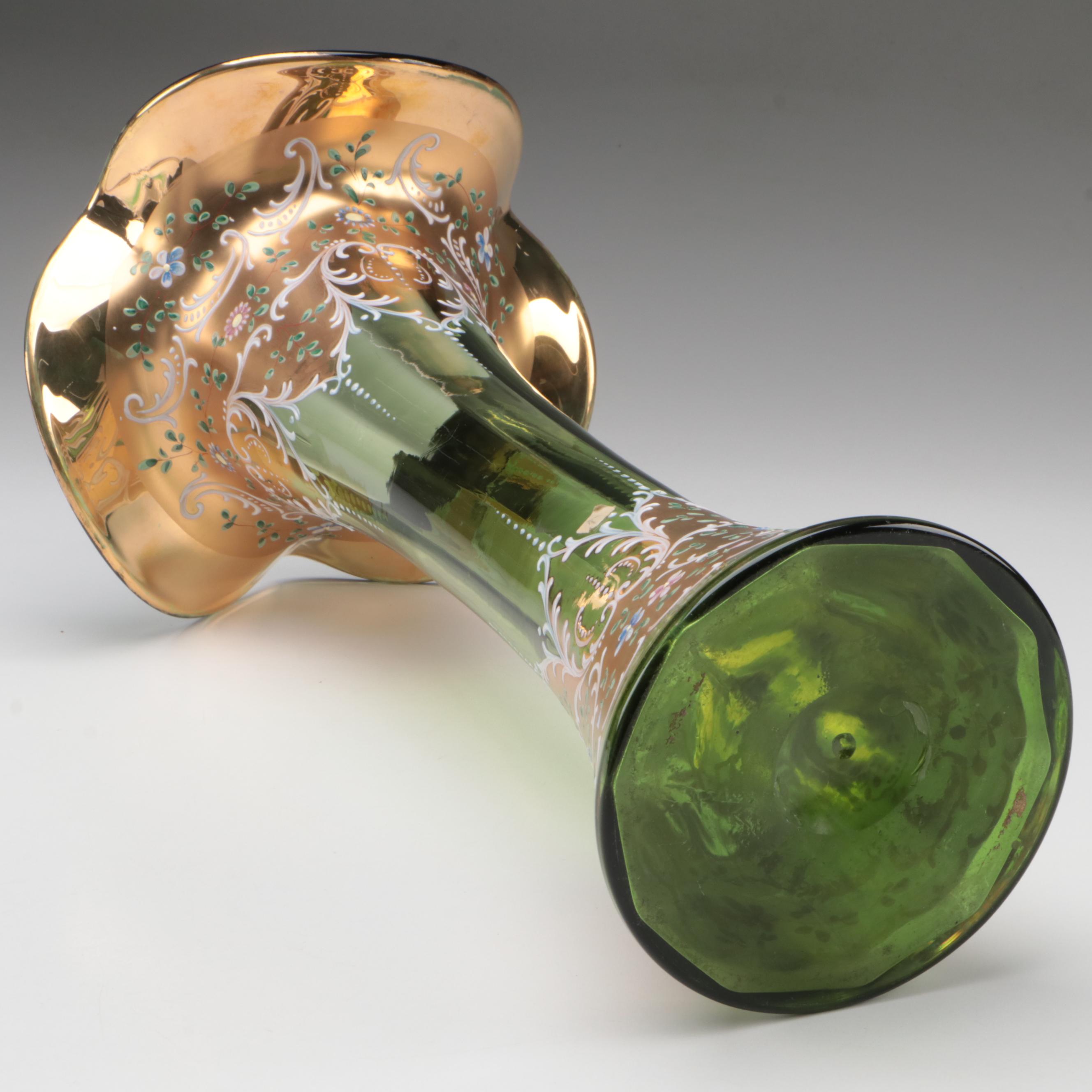 Moser Gilt and Enameled Green Art Glass Vase, Late 19th Century