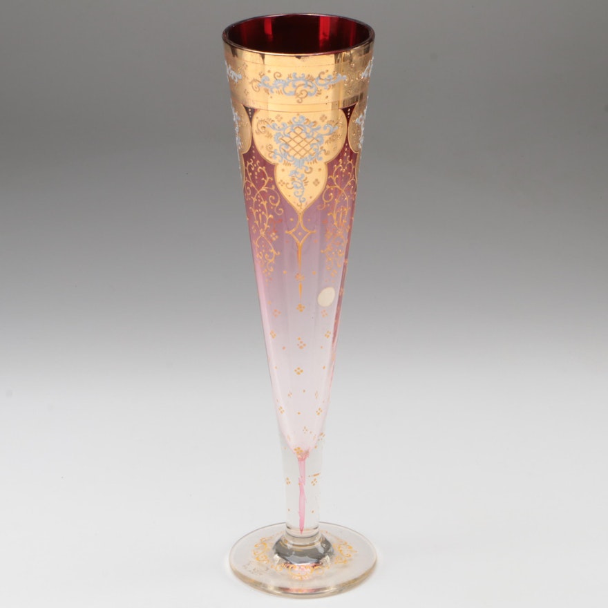 Moser Gilt and Enameled Cranberry to Clear Glass Vase