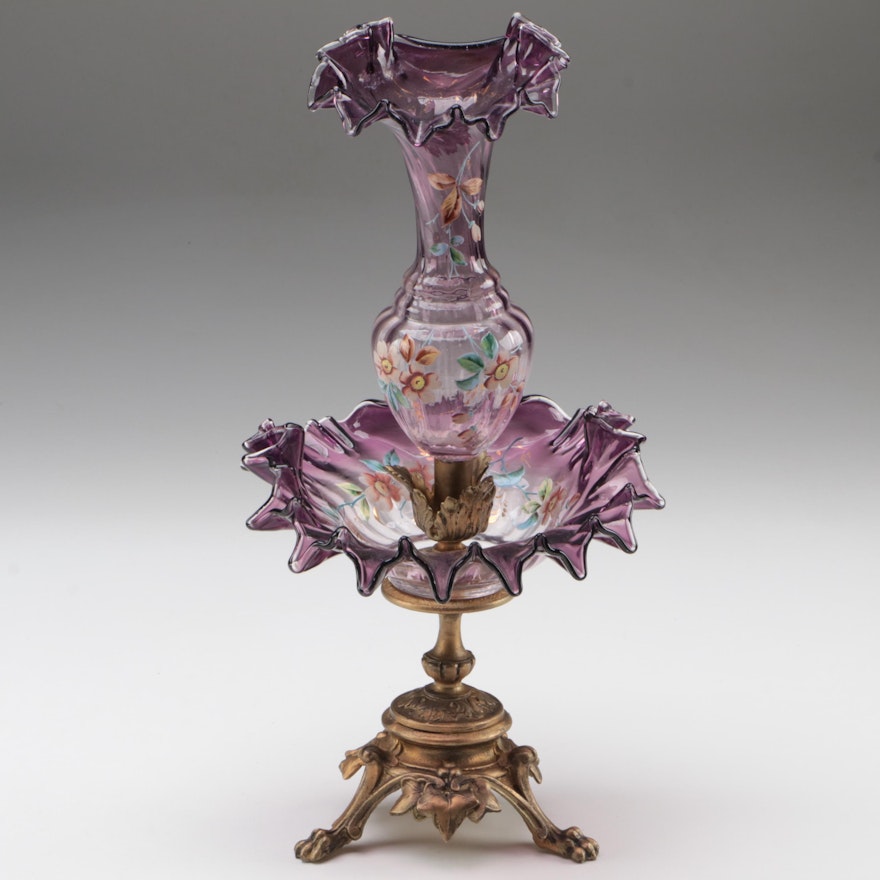 European Bronze Mounted Crimped Edge Amethyst Glass Centerpiece Epergne