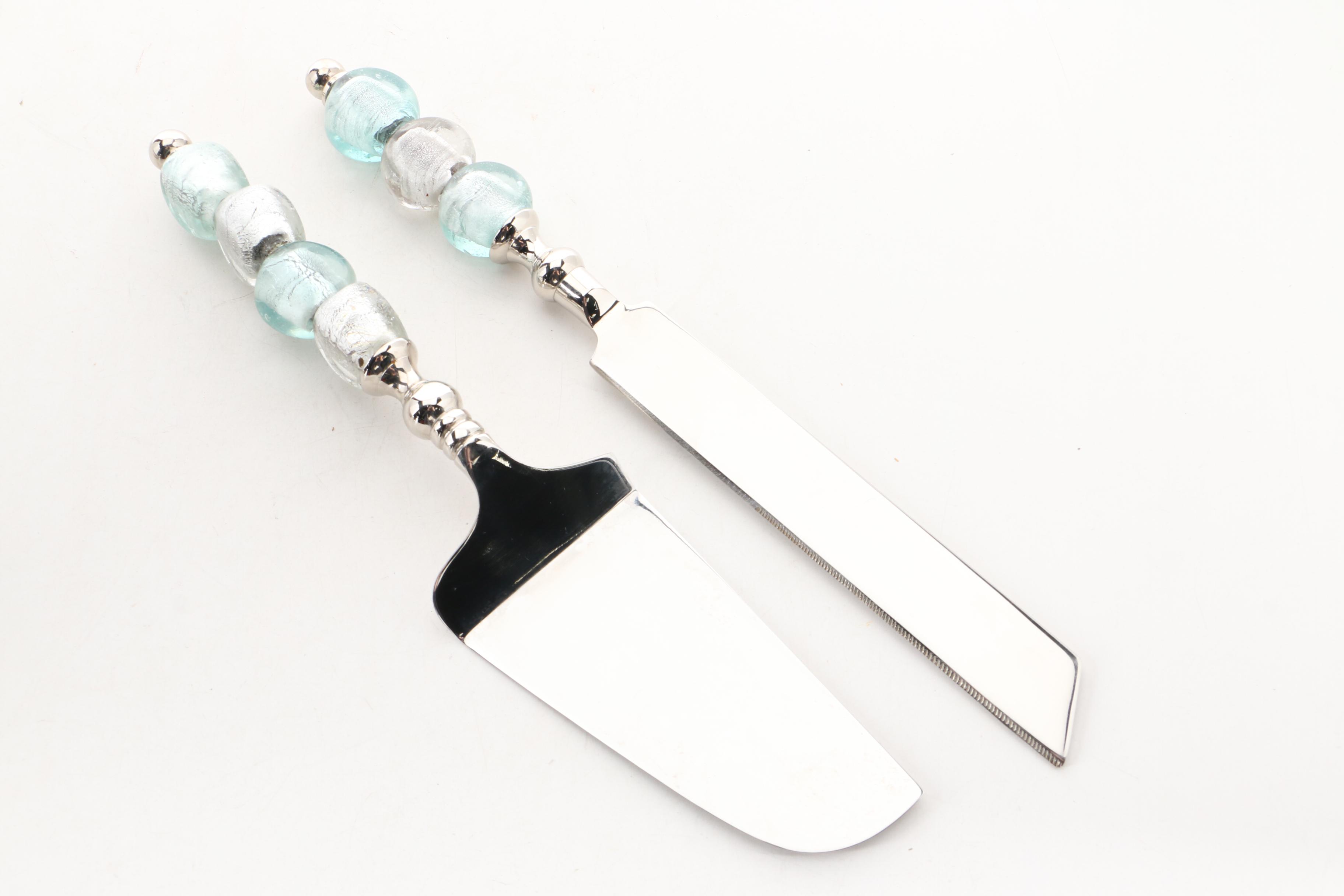 MacKenzie-Childs Hand-Painted Serving Plates and Beaded Glass Cake Serving Set