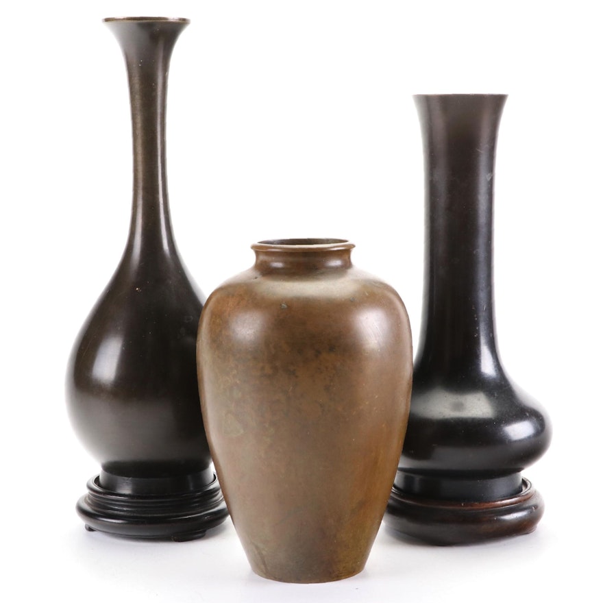 Japanese Murashido Style and Other Patinated Bronze Vases, Mid-20th Century