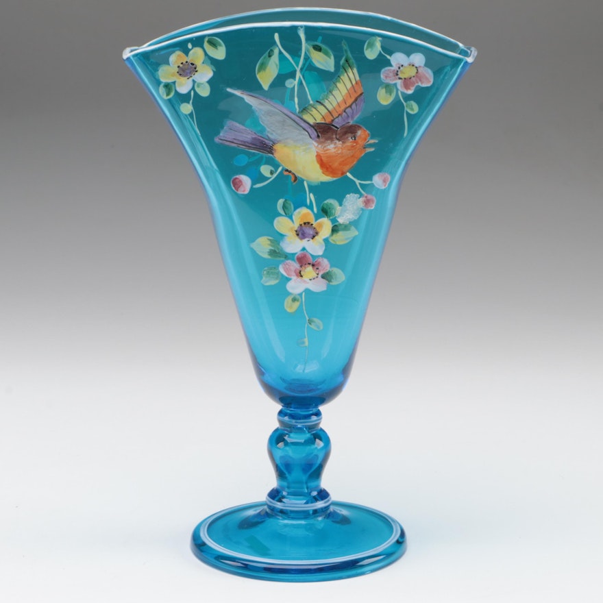 Hand-Painted Enameled Turquoise Glass Fan Vase, Late 19th/ Early 20th C.