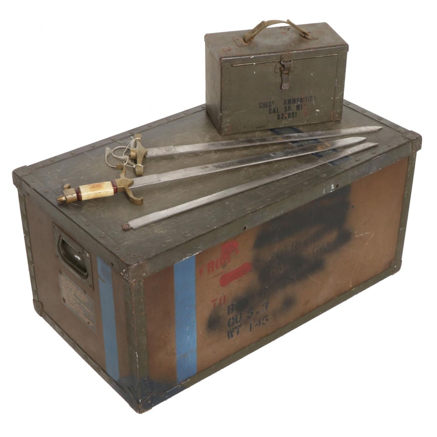 WWII M17 Ammunition Case, Equipment Trunk and Pakistani Long Swords