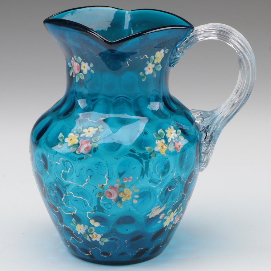 Moser Gilt and Enameled Dot Optic Blue Glass Pitcher, Late 19th Century