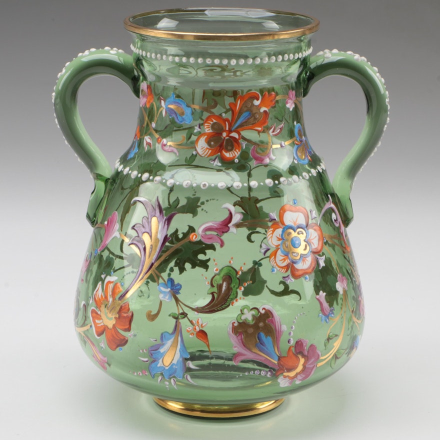 Moser Enameled Floral Motif Green Glass Handled Vase, Late 19th/Early 20th C.