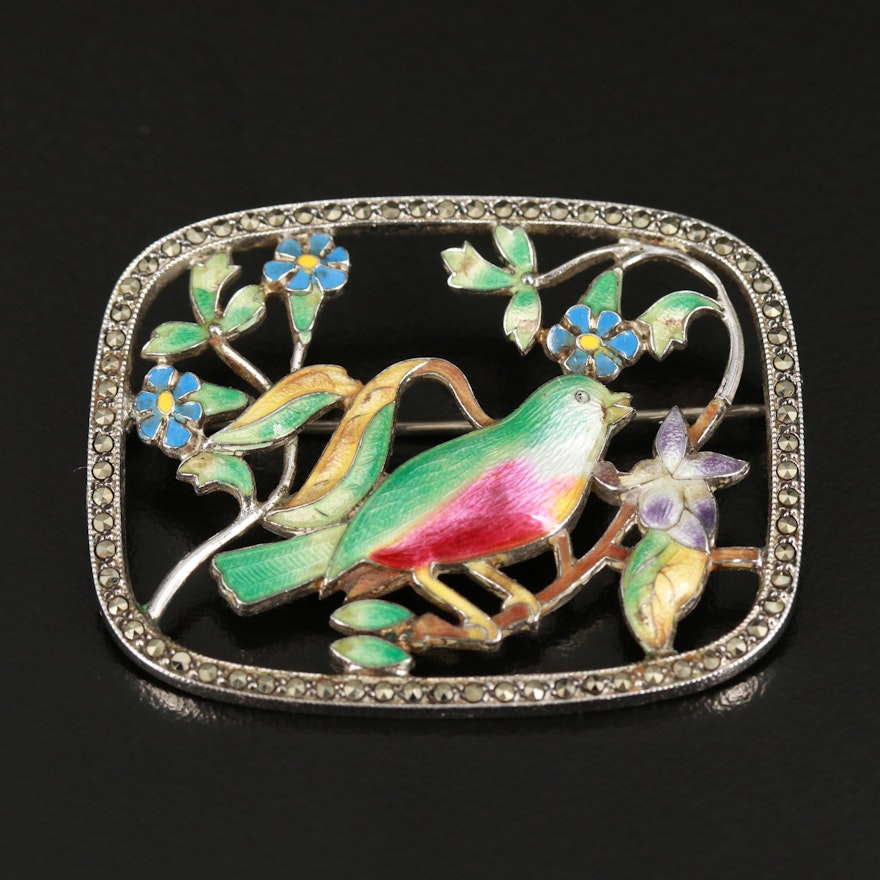 Art Deco Sterling Enamel and Marcasite Bird and Flower Brooch