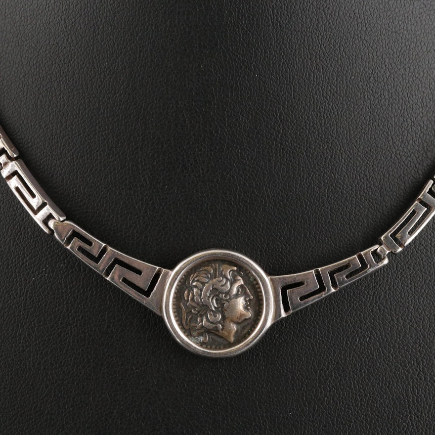 Sterling Figural Medallion Necklace with Greek Key Chain