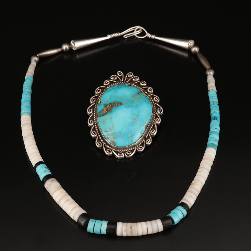 Southwestern Graduated Heishi Necklace with Turquoise Enhancer Pendant