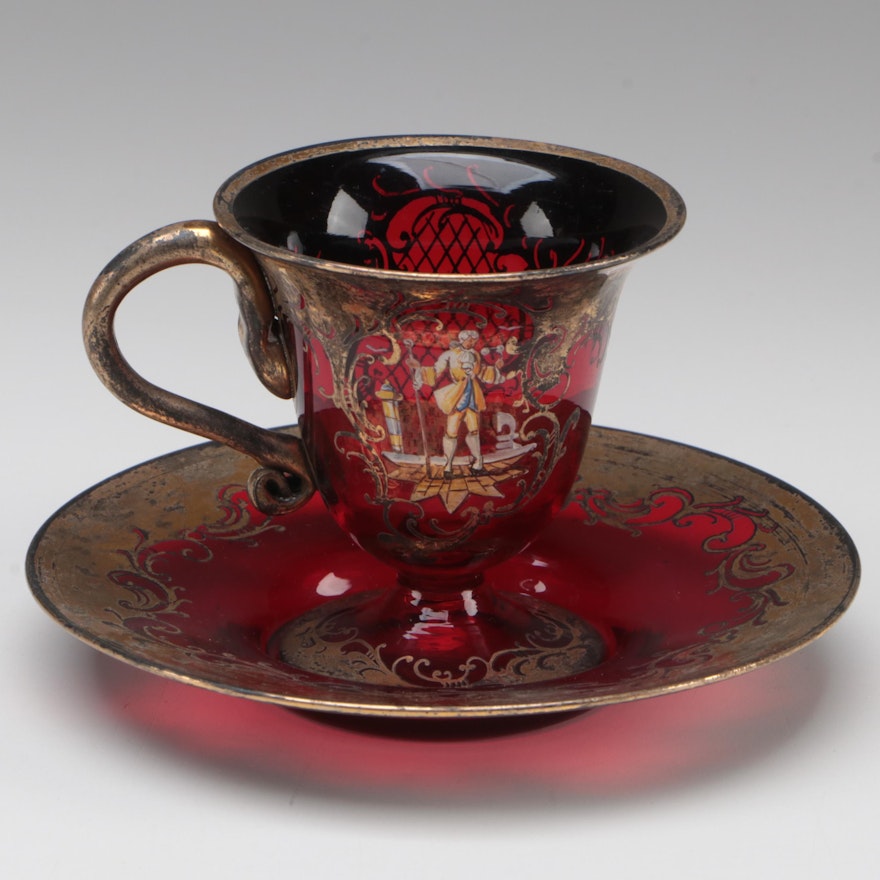 Moser Baroque Style Gilt Accented Ruby Glass Teacup and Saucer