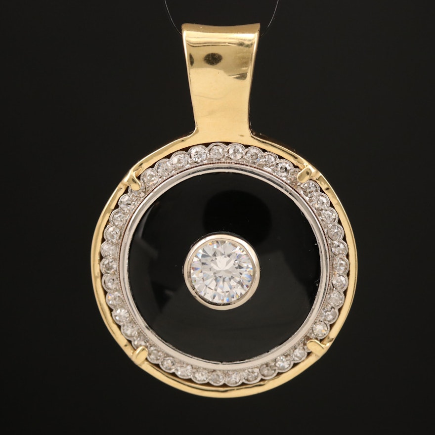 18K Cubic Zirconia, Diamonds and Black Onyx Pendant