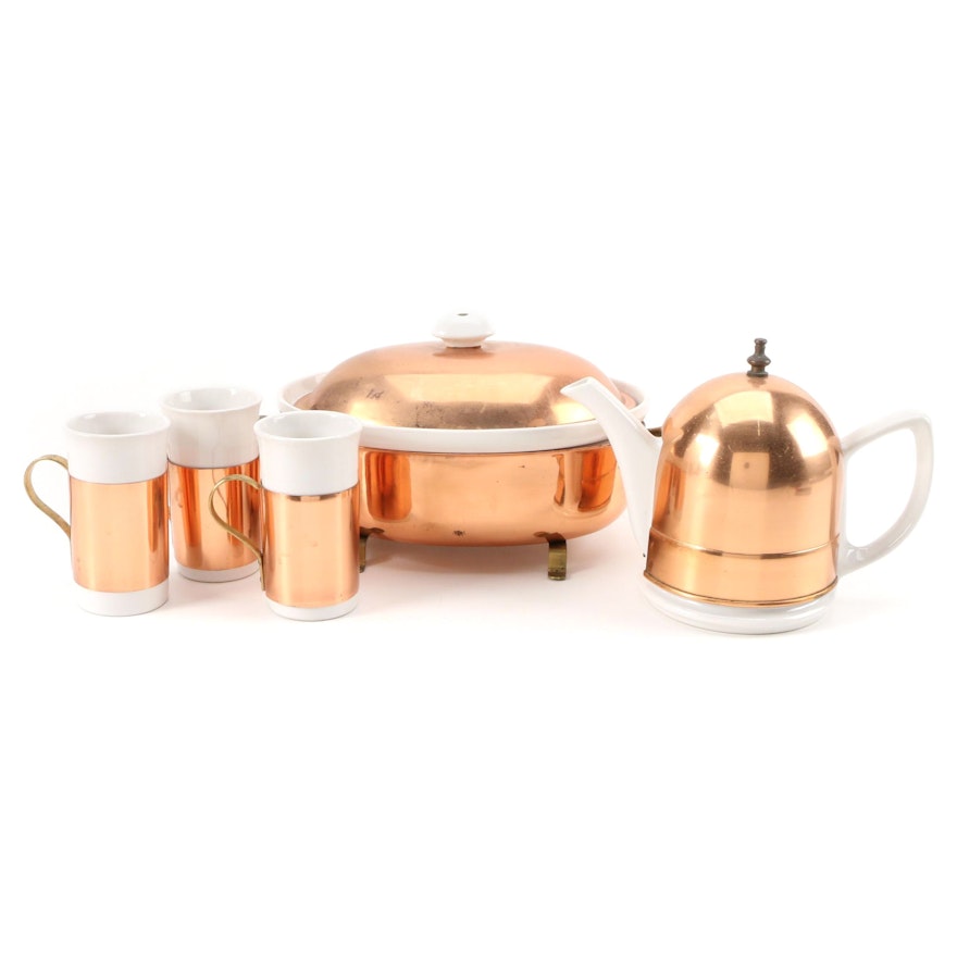 Baker, Hart and Stuart Teapot and Other Copper Over Porcelain Tableware