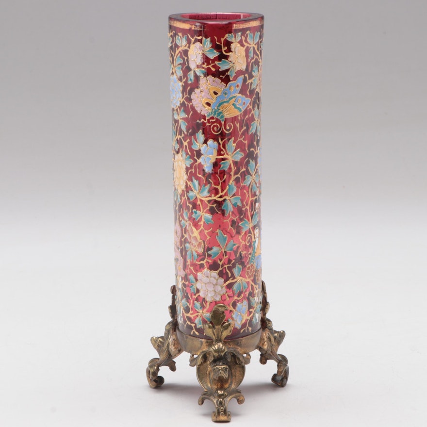 Moser Bronze Mounted Gilt and Enamel Cranberry Glass Vase