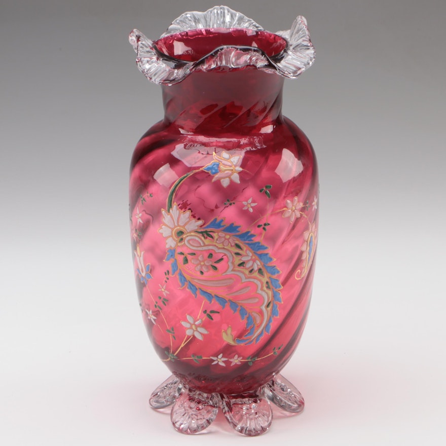 Bohemian Style Gilt and Enamel Floral Motif Crimped Rim Cranberry Art Glass Vase