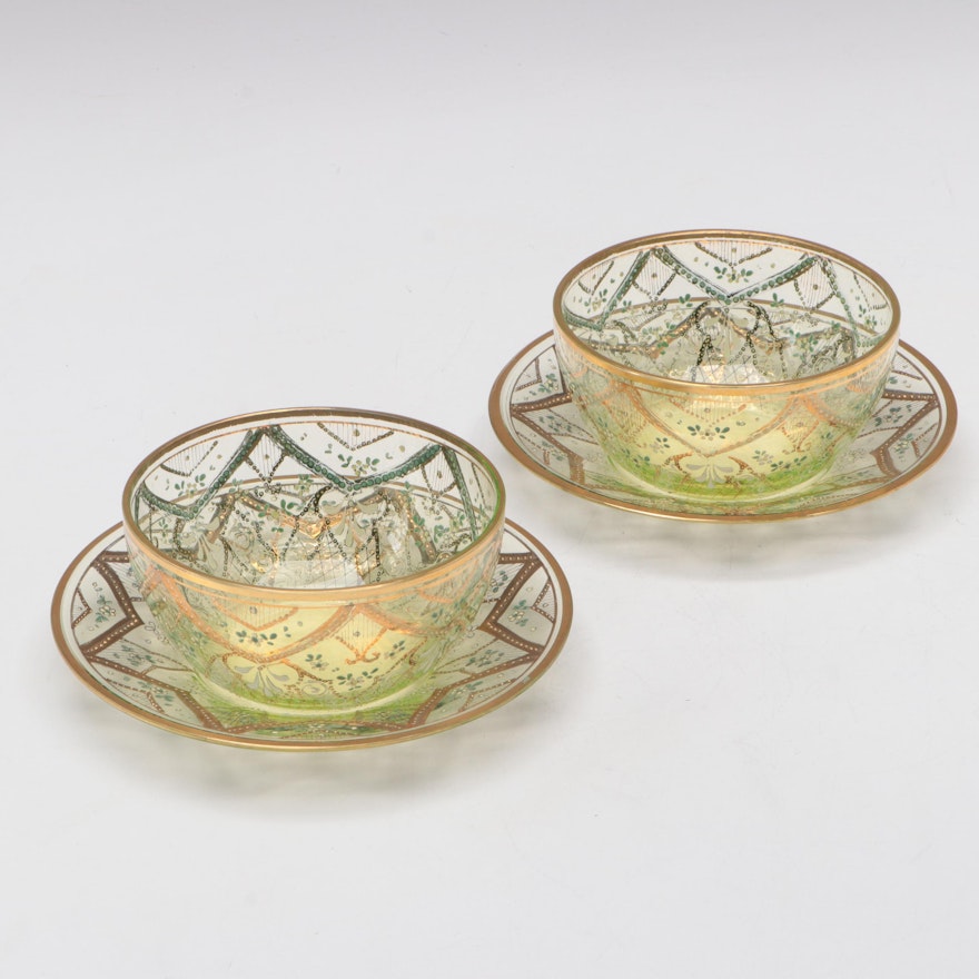 Moser Enamel and Gilt Decorated Uranium Glass Finger Bowls with Underplates