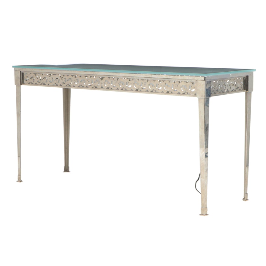 Tall Chromed Steel Table with Illuminated Frosted Glass Top