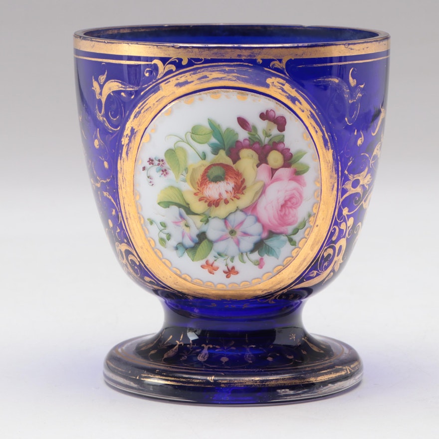 Moser Gilt Cobalt Glass Cup with Hand-Painted Floral Medallion