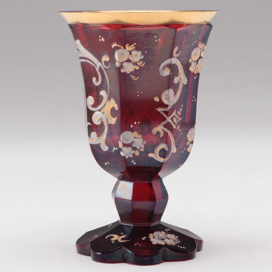 Moser Gilt and Enamel Decorated Ruby Glass Goblet, Mid to Late 20th Century