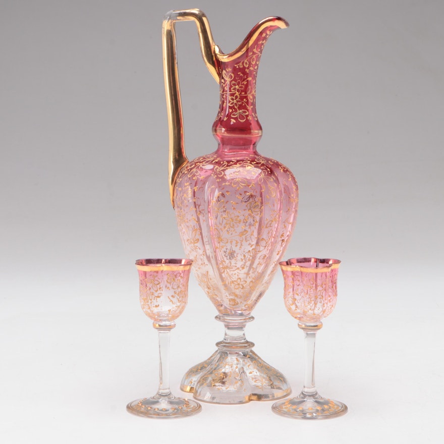 Moser Gilt Decorated Bohemian Cranberry to Clear Ombré Cruet and Cordials