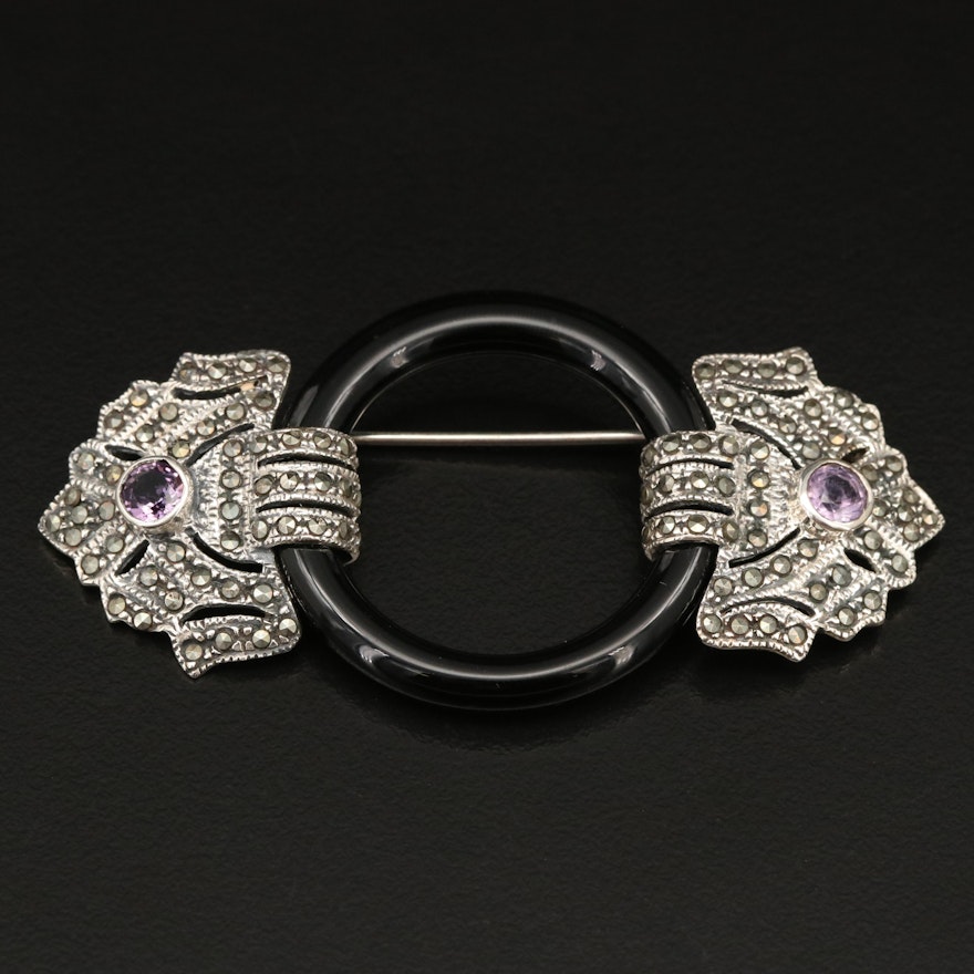 Vintage Style Sterling Black Onyx, Marcasite and Amethyst Brooch