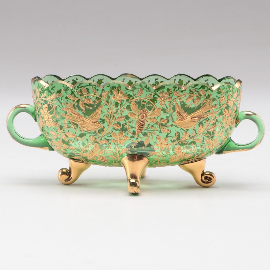 Moser High Relief Gilt Enamel Decorated Green Glass Sugar Bowl