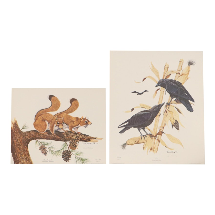 Gene Gray Offset Lithographs "Red Squirrel" and "Crow"