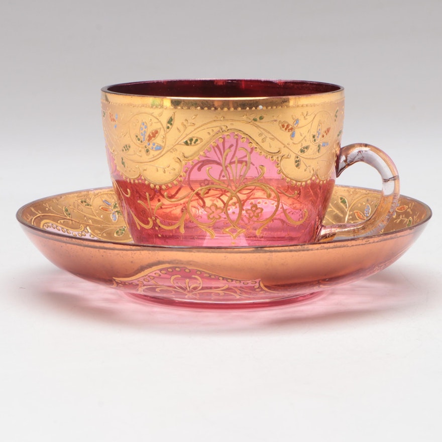 Moser Gilt and Jeweled Enamel Floral Cranberry Teacup and Saucer