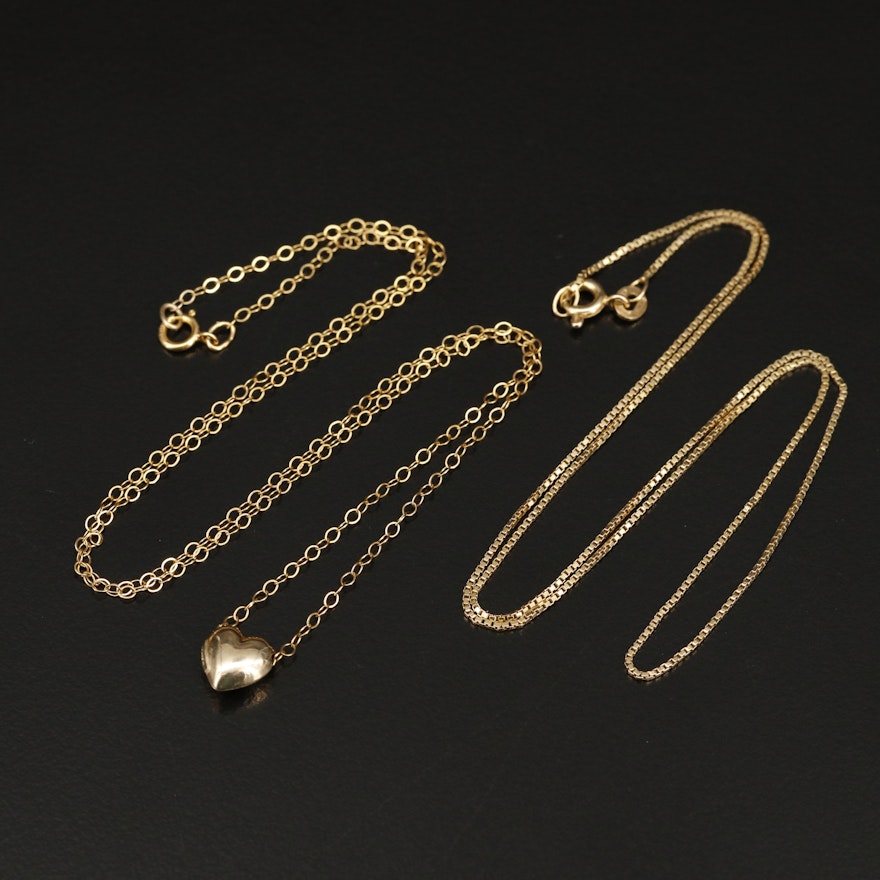 14K Box Chain Necklace and 10K Heart Pendant on Gold-Filled Chain Necklace