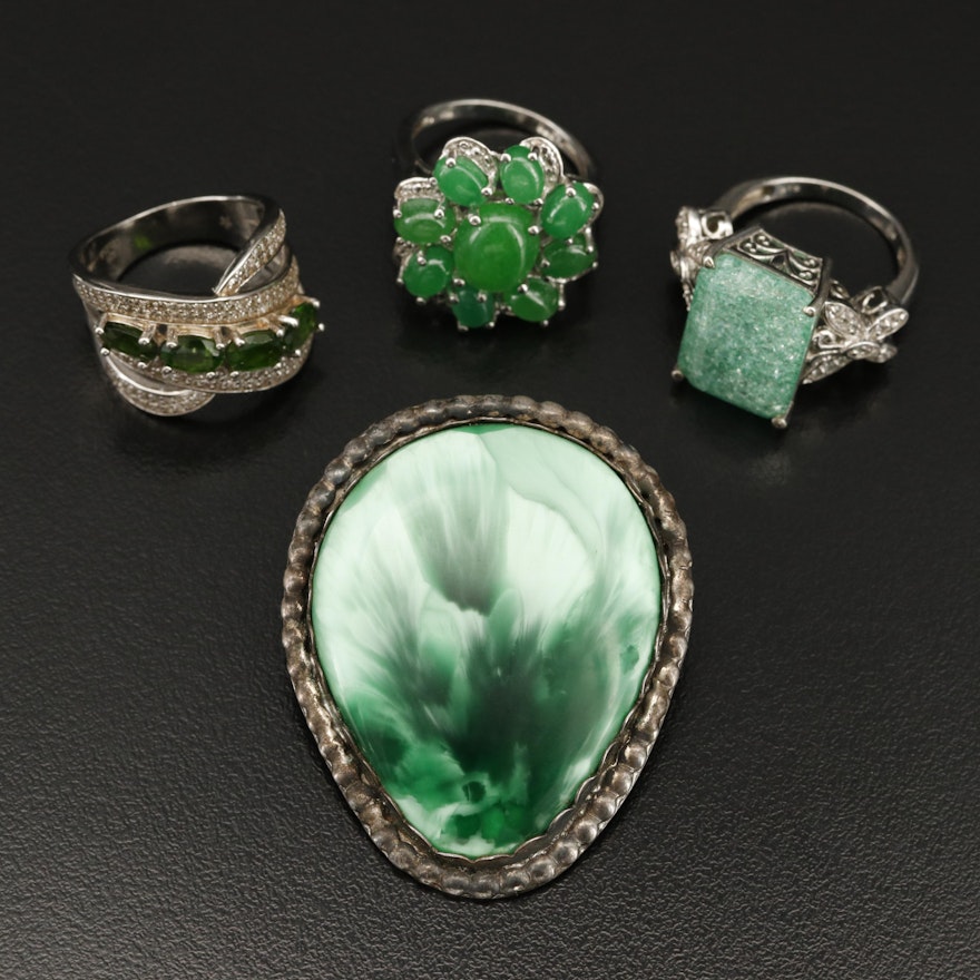 Sterling Diopside, Quartz and Gemstone Rings with Bennett Clip
