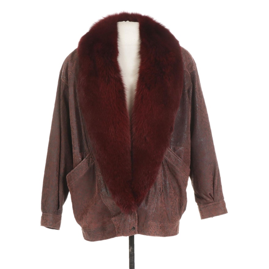 Textured Leather Jacket with Dyed Fox Fur Trim