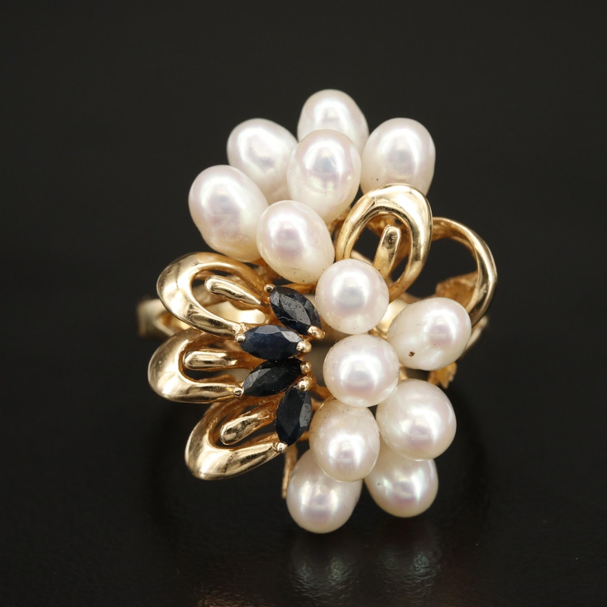 14K Pearl and Sapphire Cluster Ring