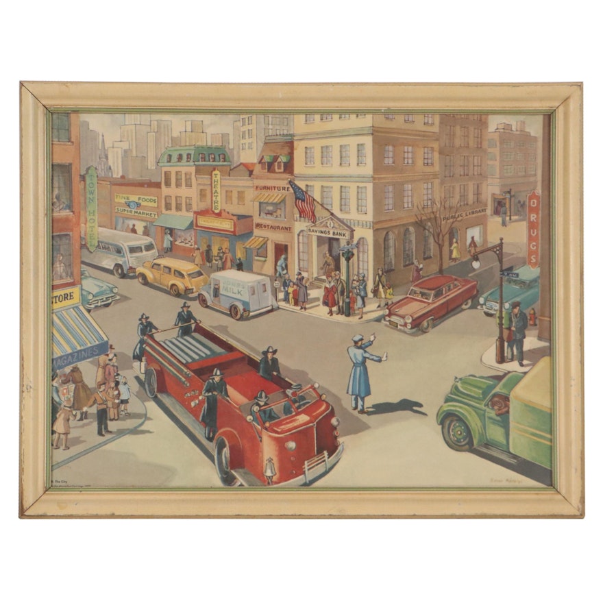 Offset Lithograph After Erna Károlyi "The City," Mid-20th Century