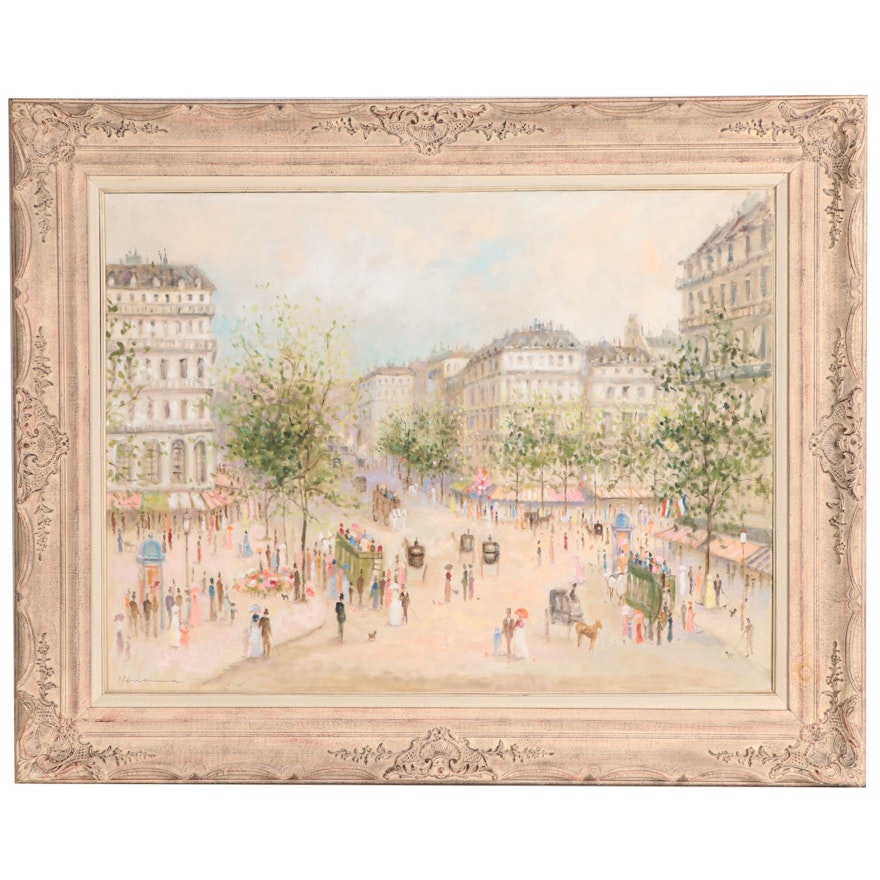 Impressionist Style Parisian Street Scene Oil Painting, Late 20th Century